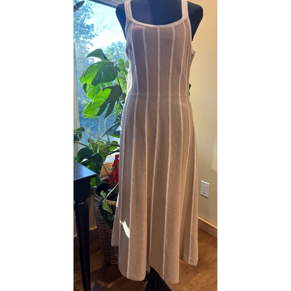Zesica Beige White Striped Knit Midi Dress Scoop Neck Sleeveless Stretch M